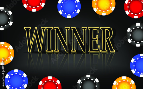 Winner banner. Multi-colored casino chips on a black background. Vector illustration for casino apps and websites