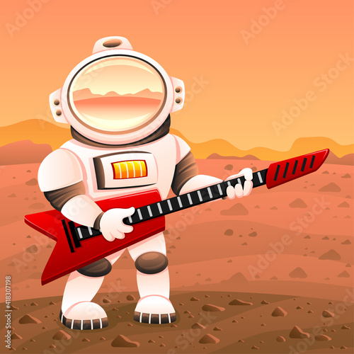 Illustration of an astronaut with a red guitar on the planet Mars.
