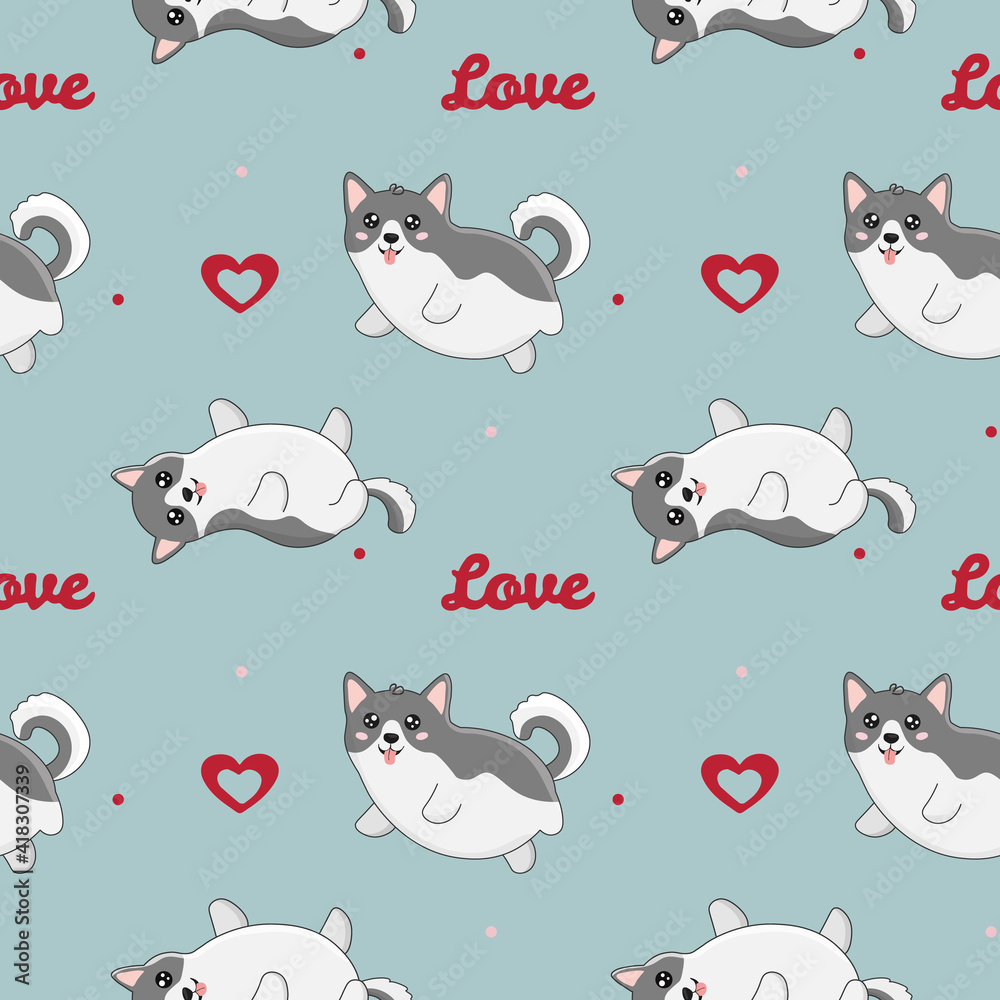 Seamless pattern with husky and hearts. Background for wrapping paper,  greeting cards and seasonal designs. Happy Valentine's day.