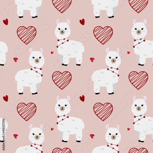 Seamless pattern with  llamas  and hearts. Background for wrapping paper,  greeting cards and seasonal designs. Happy Valentine's day.