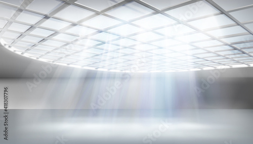 Glass roof indoors in a modern high-rise building. Empty illuminated hall. Modern office room. Vector illustration.