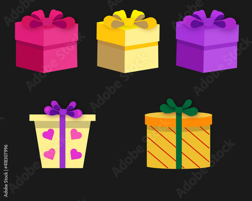 Present boxes set, flat and isometric, with bows, hearts and stripes. High quality illustration