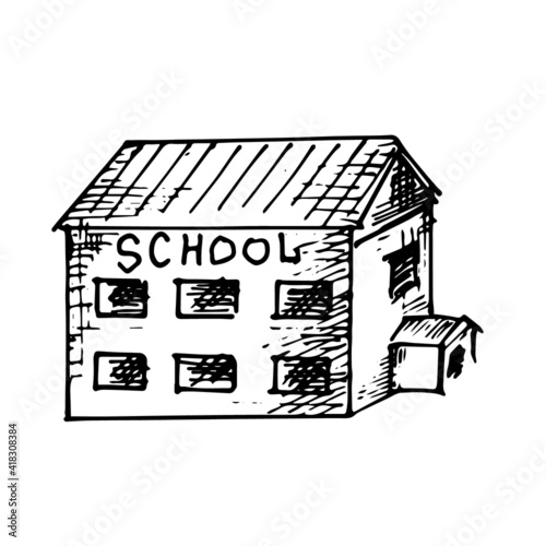 School building and natpis, school. Vector doodle drawing.