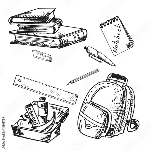 Set of vector graphics, school supplies school backpack and a stack of books with lunch box. Doodles on a white background.