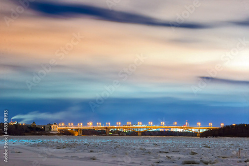 sunset over the river in winter in Omsk