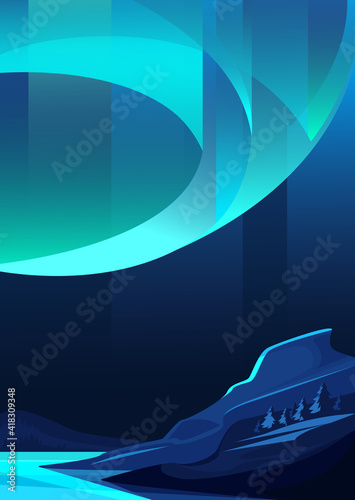 Illustration of northern lights. Landscape with natural light show in vertical orientation.