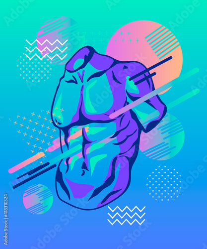 Colorful geometric background with sculpture male torso and Memphis style elements. Fluid composition with trendy gradients. Backdrop template for sport and beauty topic  vector illustration.