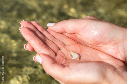 Small white seashell in woman's hand © Anton Tolmachov