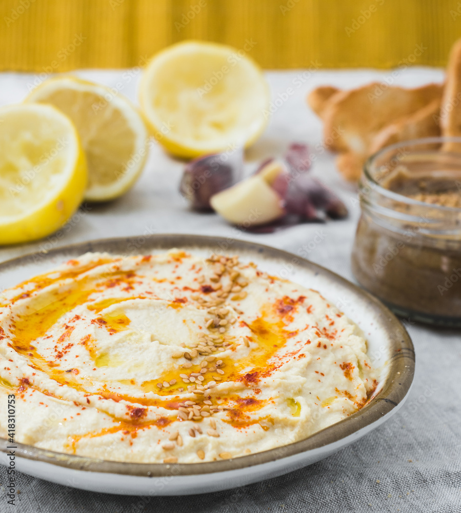 Healthy Homemade Creamy Hummus with the ingredients. Side view. A close-up Mediterranean dish made of chickpea beans Healthy Homemade Creamy Hummus with the ingredients. Side view. A close-up Mediterranean dish made of chickpea beans