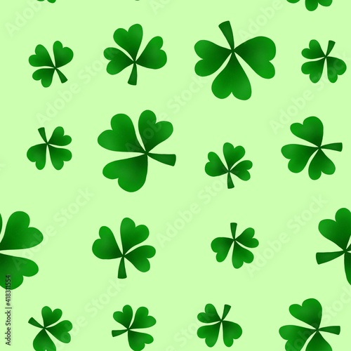 Bright seamless shamrock clover pattern. Plant background of abstract, textured clover leaves for print, greeting cards, wrapping paper. St. Patrick's Day pattern.