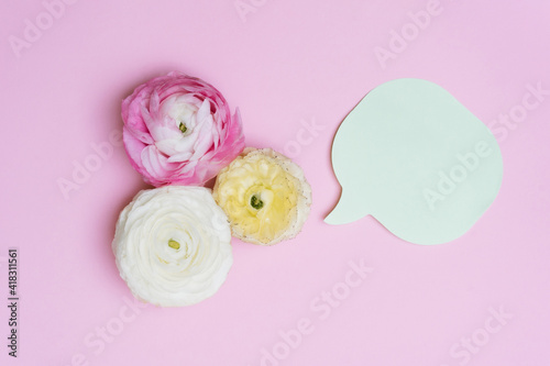 Flower with speech bubble on pink background. copy space background.