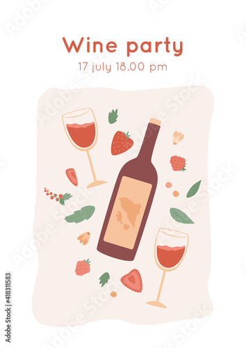 Invitation card for party. Cute simple vector illustration with bottle of red wine and glasses. Mint leaves, berries and flowers set. Design template for summer event in yard or restaurant.