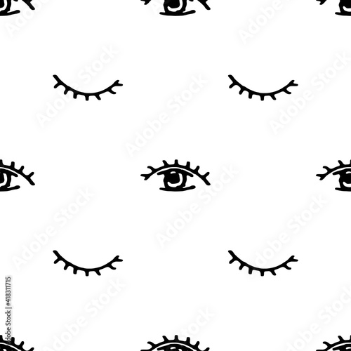 Seamless patterns. Open and closed eye abstraction isolated on white background. Vector illustration.