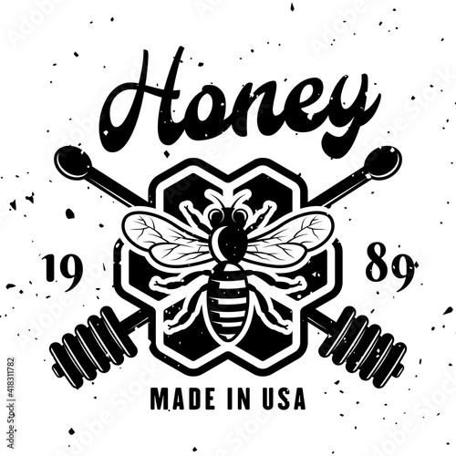 Beekeeping and honey vector emblem, badge, label or logo in monochrome style isolated on white background