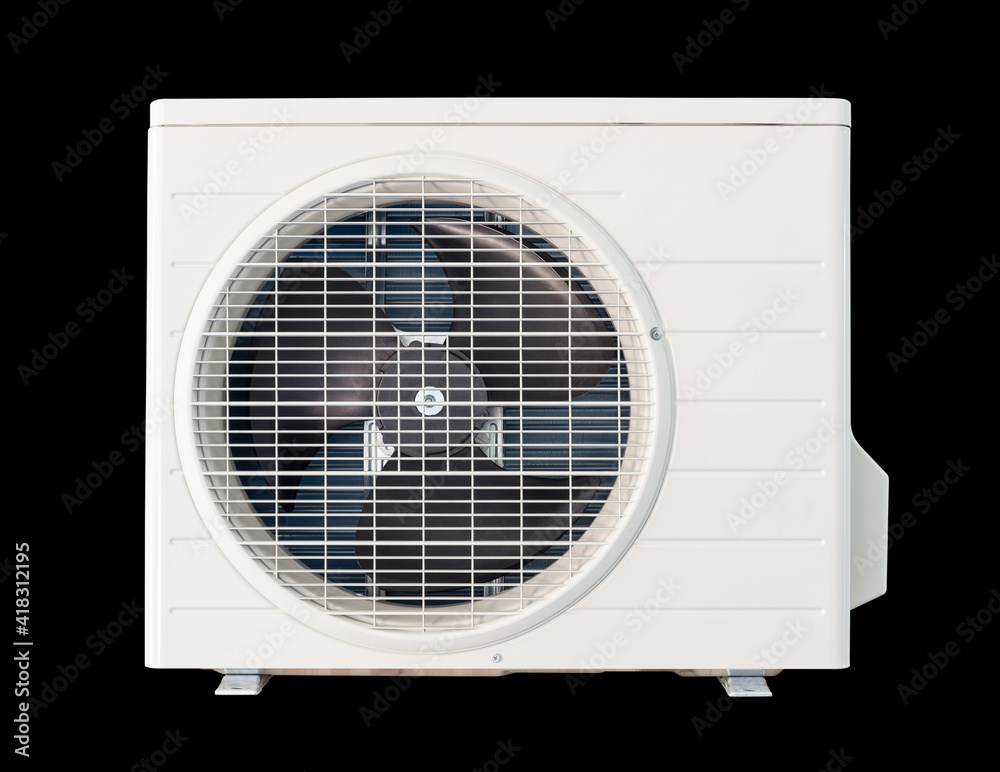 Condenser unit or compressor isolated on white background with clipping path. Unit of central air conditioner (AC) or heating ventilation air conditioning system (HVAC). Electric fan and pump inside.
