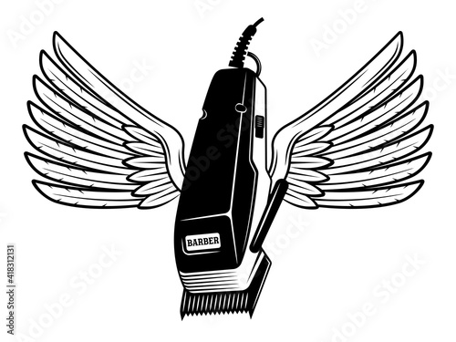 Electrical hair clipper with wings vector illustration in monochrome vintage style isolated on white background