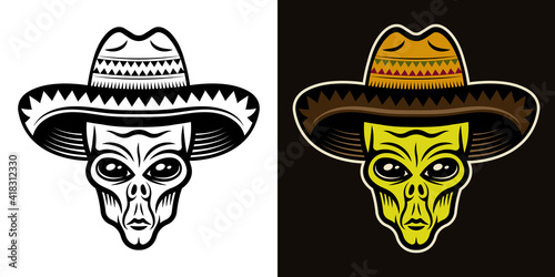 Alien head in sombrero hat vector illustration in two styles black on white and colorful on dark background