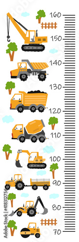 Construction crane wall meter or height chart. Vector illustration, construction machines. For a boy. Excavator, dump truck, crane, tractor. Yellow