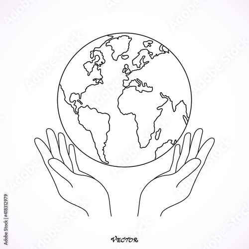 hands holding globe earth web black icon. save earth concept vector illustration