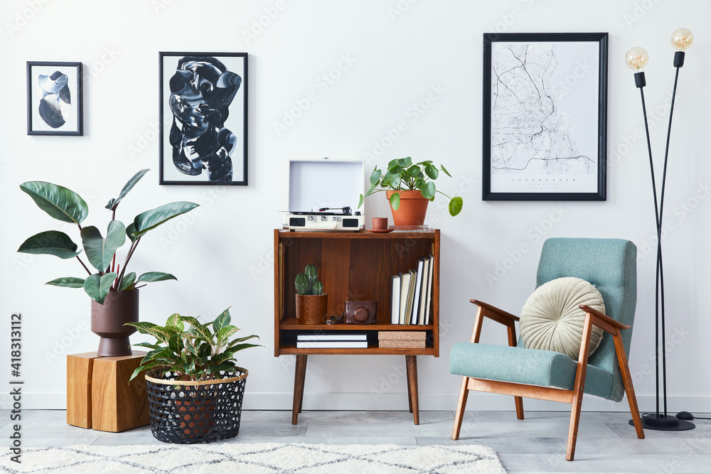 Modern retro composition of living room interior with design wooden