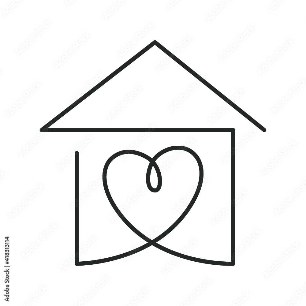 Continuous one line drawing of heart inside house, meaning care and love in family.  Vector illustration