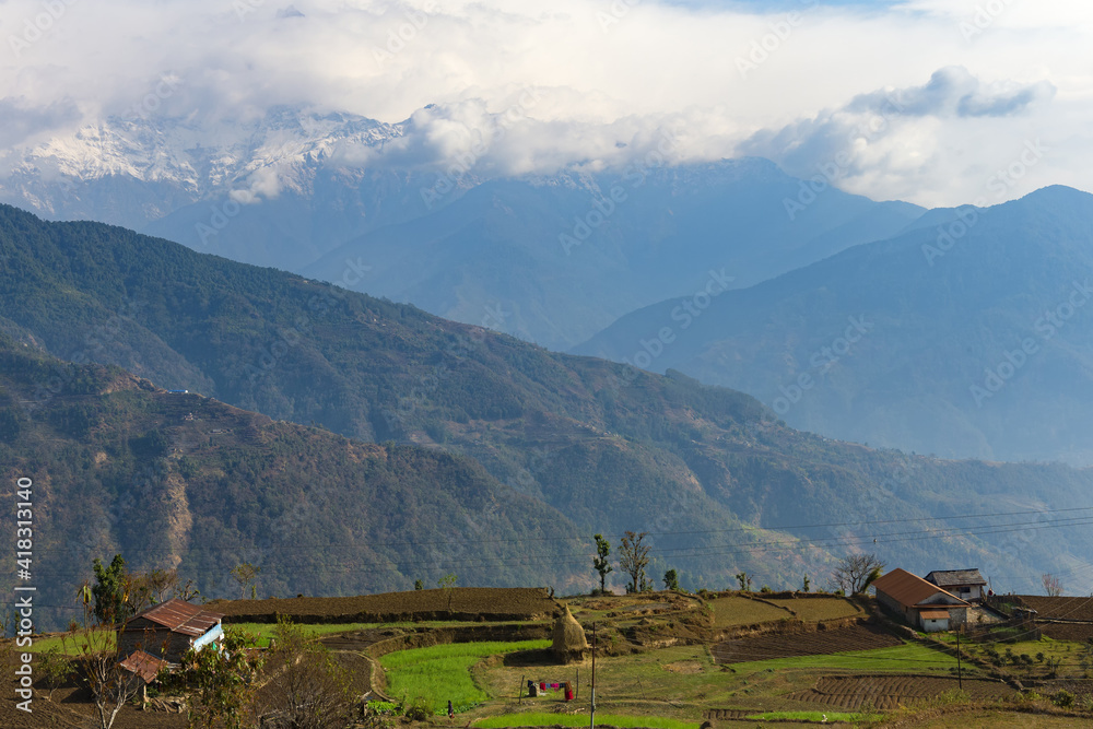 Himalaya range viewed from the Dhampus Mountain village, Nepal