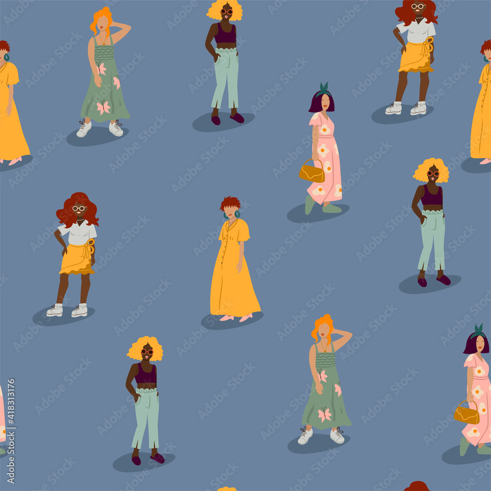Seamless pattern with summer girls on a blue background. Vector graphics.on a blue background. Vector graphics.