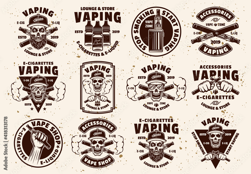 Vaping and electronic cigarettes set of vector emblems, labels, badges or logos in vintage style on background with removable textures
