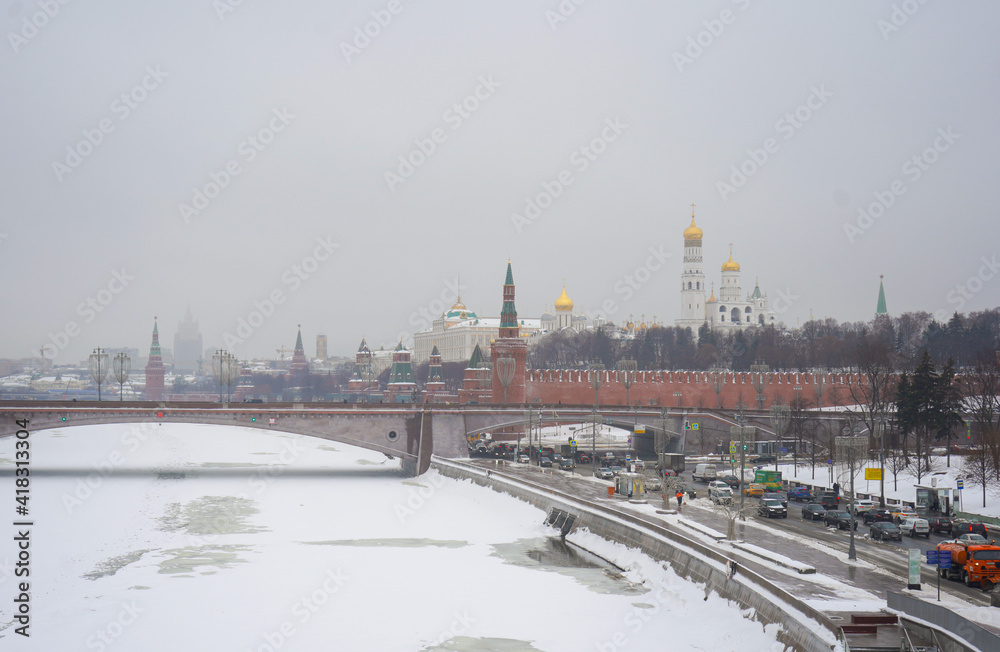 Panorama of Kremlin, St. Basil’s Cathedral on Red Square in Moscow in winter