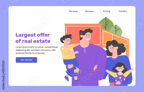 Happy family of four against the background of a new house. Buying property. Mom, dad, son and daughter. Mortgage, relocation, real estate investment. Landing page concept. Vector flat illustration.