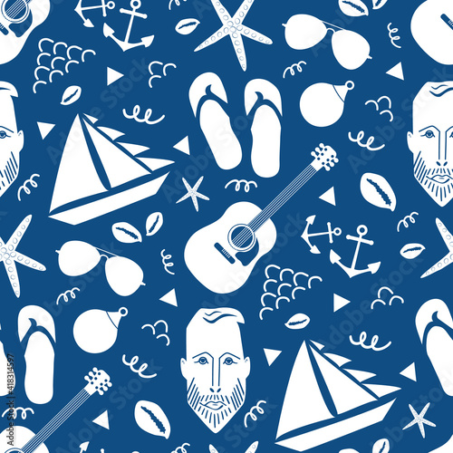 Boats, male face, anchors, guitar, flip flops vector seamless pattern background. Nautical backdrop with yachts,bearded man, sailing and musical instruments. Duotone marine repeat for beach vacation