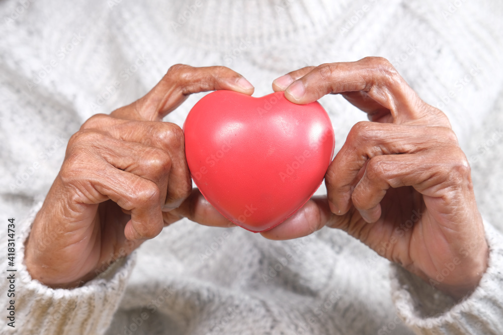 Obraz premium senior women holding red heart close up 