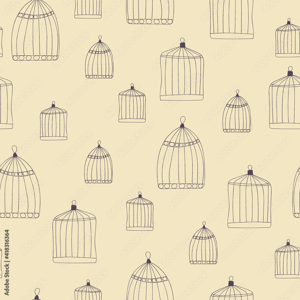 Seamless pattern with bird cages. Vector contemporary illustration in the style of primitivism.