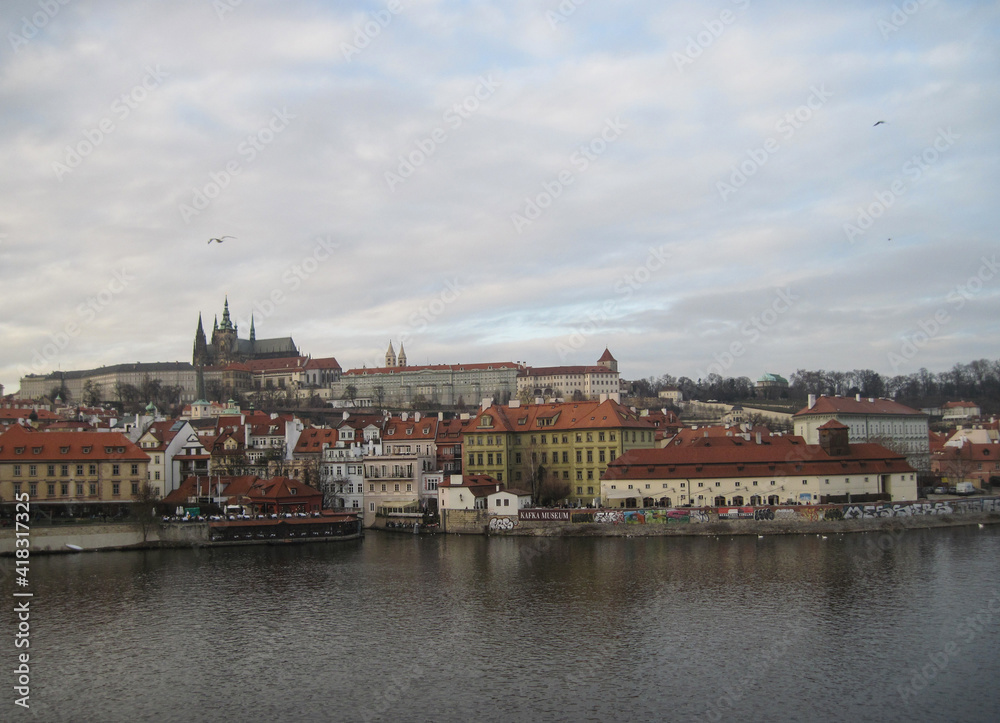 Scenic landscape with Prague Castle  on a cloudy day