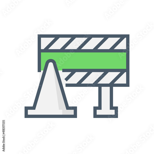 Traffic barricade and traffic cone or pylon vector design. That warning sign or caution to stop, control or block passage of traffic direction from excavation, repair, improvement or construction.