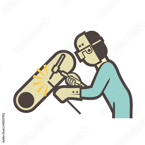 Welder vector icon. Also called craftsman, worker or labor. Who use tool and safety equipment to welding joint metal for industrial work i.e. fabrication, pipeline construction and metalworking.