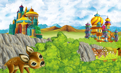 cartoon kingdom castle mountain forest farm illustration