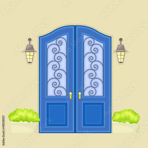 Facade of Front Double Door with Decorative Bushes in Cachepot and Light Vector Illustration