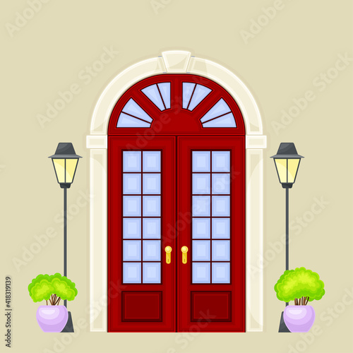 Facade of Front Double Door with Decorative Bushes in Cachepot and Light Vector Illustration