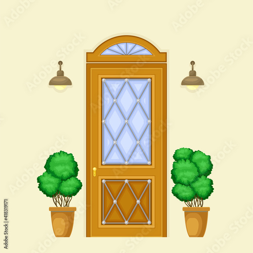 Wooden Single Door Facade Decorated with Green Bushes in Cachepot and Light Vector Illustration
