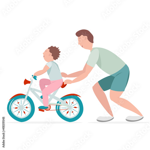 father teaches his son to ride a bicycle. A man helps a boy ride a bicycle. Vector illustration. Fun outdoor activity with your child.