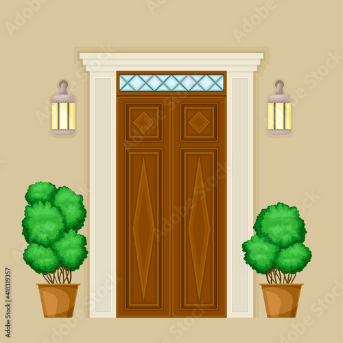 Facade of Wooden Front Double Door with Decorative Bushes in Cachepot and Light Vector Illustration