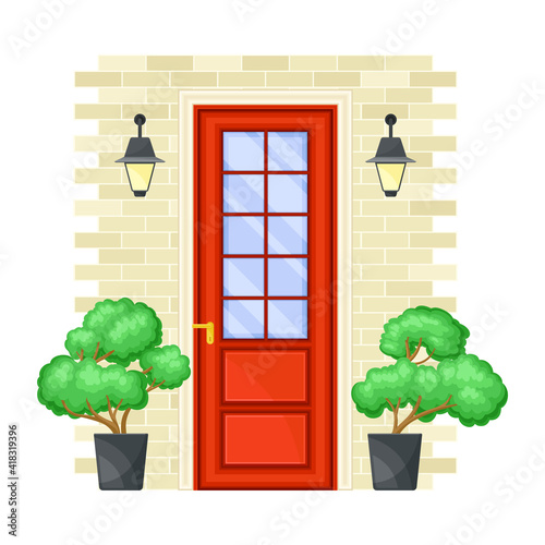 Red Single Door Facade on Brick Wall Decorated with Green Bushes in Cachepot and Light Vector Illustration