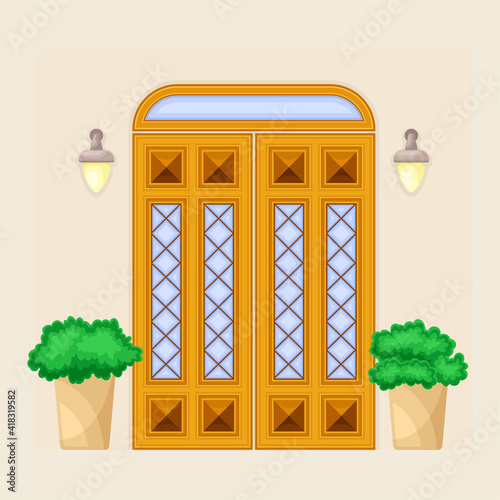 Facade of Front Double Door with Window Ornate Decorated with Bushes in Cachepot and Light Vector Illustration