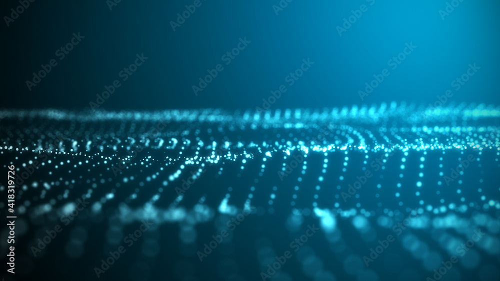 Fototapeta premium Abstract wave with moving dots. Flow of particles. Cyber technology illustration. 3d rendering
