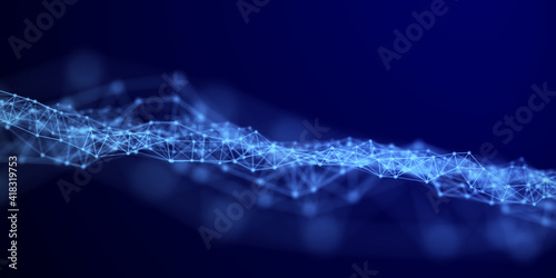Abstract wave with moving dots and lines. Flow of particles. Cyber technology illustration. 3d rendering © estar 2020