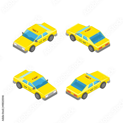 Isometric yellow taxi car. Service transport cars transport in four projections. Vector illustration EPS 10.