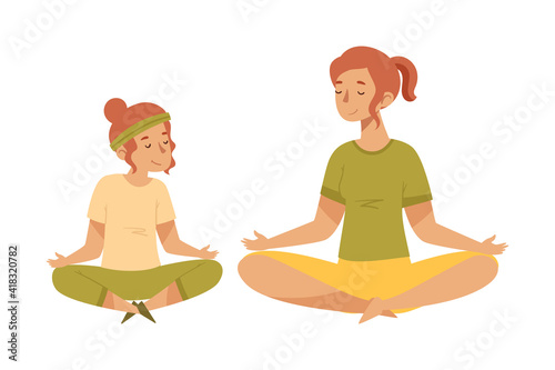 Female Mom with Her Little Daughter Sitting in Lotus Yoga Pose Doing Physical Exercise Vector Illustration