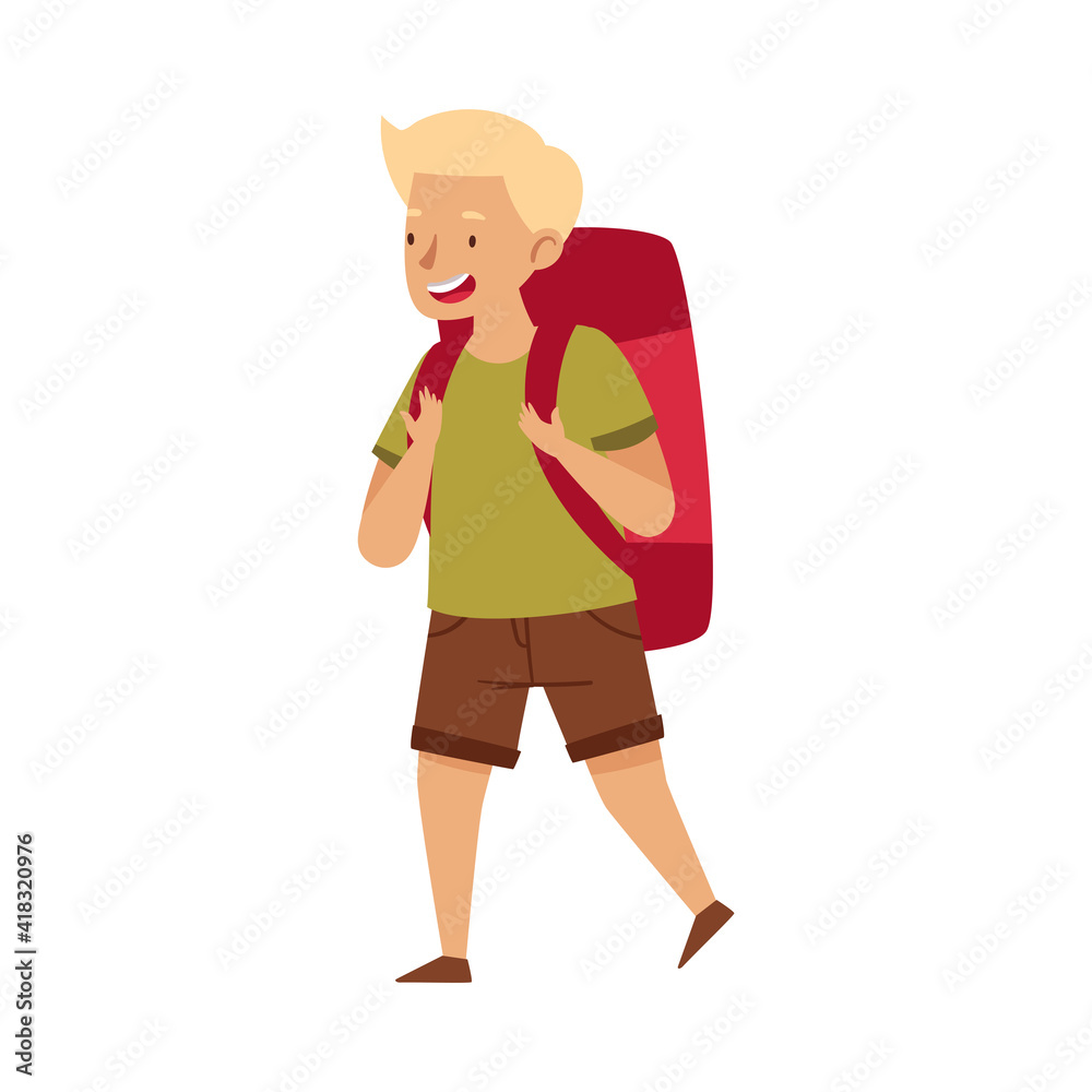 Young Blond Boy with Backpack Walking Vector Illustration
