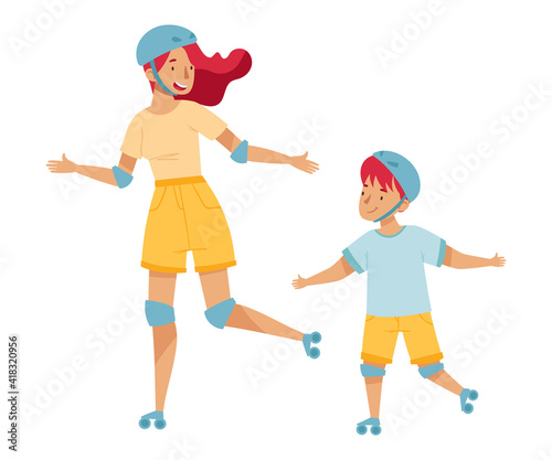 Female Mom with Her Little Son Wearing Helmet Roller Skating Vector Illustration